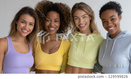Four diverse young women smile confidently, wearing stylish casual tops 129599826
