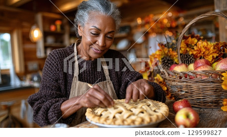 A senior Black woman carefully adds the final touches to a delicious homemade apple pie, showcasing autumn baking traditions 129599827