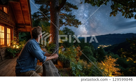 Man contemplates the Milky Way from his cozy wooden cabin, enjoying the peaceful mountain view Man contemplates the Milky Way from his cozy wooden cabin, enjoying the peaceful mountain view 129599846