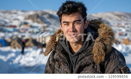 A young man smiles warmly, bundled in a parka against a snowy, arctic village backdrop 129599856
