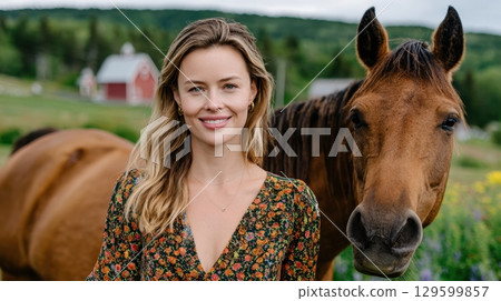 A smiling woman in a floral dress stands with a brown horse in a rural setting, showcasing a connection between nature, animals, and people 129599857