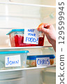 Sarcastic sticker warnings Not Your Food and Do Not Touch on lunch boxes in shared office refrigerator. Office life. 129599945