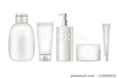 Set of blank realistic cosmetic package presenting white bottles for beauty products 129600032