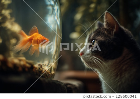Curious cat staring at a goldfish swimming in a round fishbowl, contemplating its next move 129600041