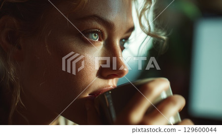 Blonde businesswoman enjoying hot drink, pausing amid workplace stress, professional setting with warm lighting 129600044