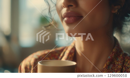 Woman drinking chai, golden earrings glinting, wearing floral top with beige mug near soft lips 129600058