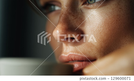 Freckled woman sipping steaming beverage, soft window light highlighting delicate facial features and warm ceramic mug 129600071
