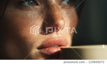 Freckled woman enjoying warm drink, soft window light highlighting peaceful expression and delicate skin tones 129600072