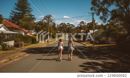 Two young women are roller skating down the middle of a quiet suburban street on a sunny day 129600082