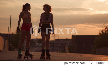Two young women are standing on their roller skates on a road, talking at sunset 129600083