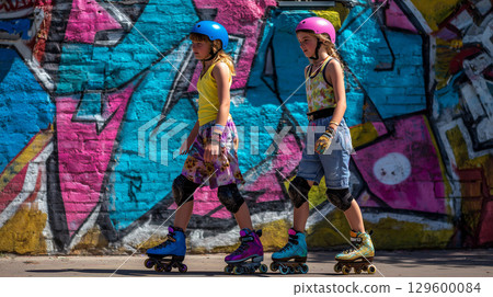 Girls wearing safety gear roller skating together near colorful graffiti wall, sharing active moment during sunny day outside 129600084