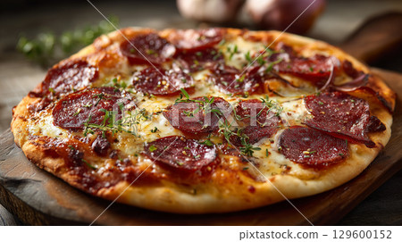 Close-up of a mouthwatering salami pizza, garnished with fresh thyme, resting on a rustic wooden board 129600152