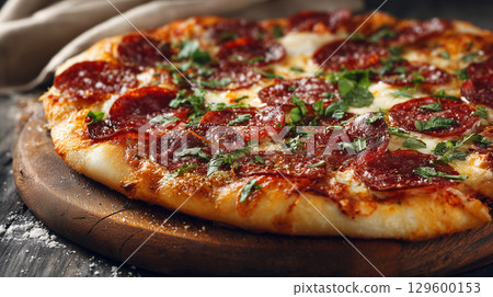 Melted mozzarella covering spicy pepperoni pizza, garnished with fresh basil on rustic wooden surface, ready for enjoyment 129600153
