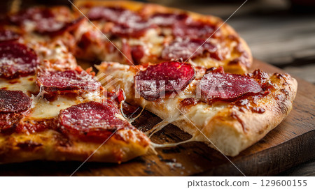 Melted mozzarella cheese stretching from salami-topped pizza slice resting on rustic wooden board 129600155