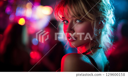 Young woman enjoying nightlife, illuminated by colorful lights in a disco setting 129600158