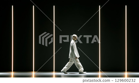 Male model walking confidently on the catwalk during a vibrant fashion show, illuminated by striking vertical lights and exuding elegance Male model walking confidently on the catwalk during a vibrant fashion show, illuminated by striking vertical lights and exuding elegance 129600232