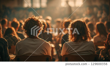 A group of young people, school students, are sitting on chairs in a room. They are all wearing white T-shirts. The people are sitting with their backs to the camera 129600356