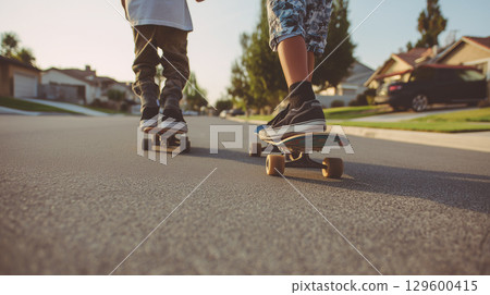 Young boys skateboarding down empty suburban street, capturing carefree childhood leisure and neighborhood freedom Young boys skateboarding down empty suburban street, capturing carefree childhood leisure and neighborhood freedom 129600415