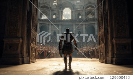 Muscular gladiator striding through Colosseum entrance, cheering spectators surrounding powerful warrior preparing for combat 129600453