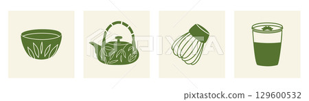 Set of illustrations featuring matcha tea, latte, whisk, cup, and teapot. Perfect for cafes, tea brands. 129600532