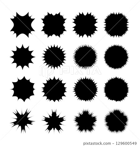 Set of Starburst and Sunburst Vector Silhouettes. Suitable for badges, stickers, stamps, templates and modern graphic design projects that require bold, high-contrast elements. 129600549