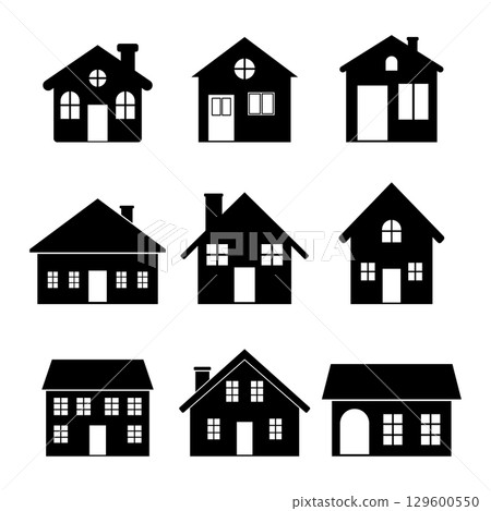 Set of Black Silhouette House Icons Collection. Vector illustration featuring a collection of nine black silhouette house icons, each with distinct architectural designs. 129600550