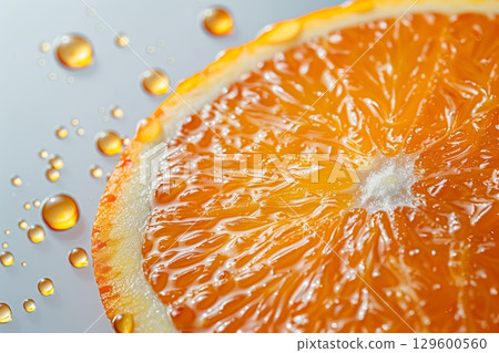 Close-up image of juicy orange slice with refreshing droplets, highlighting its vibrant color and texture. 129600560