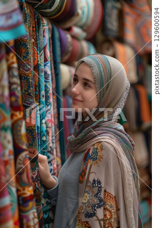 A young woman explores colorful fabrics in a vibrant market, showcasing cultural richness and personal style. 129600594