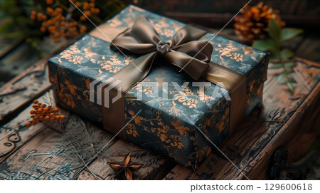 A beautifully wrapped gift with elegant floral patterns, perfect for special occasions and celebrations. 129600618