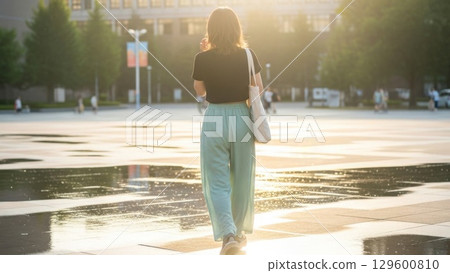 傍晚逆光下，一位女士走過濕漉漉的廣場的背影 129600810