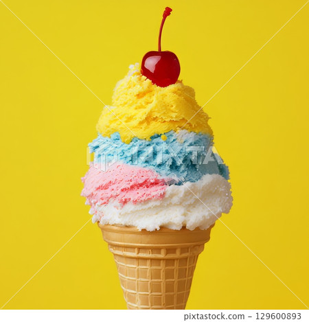 Delicious Towering Ice Cream Cone with Assorted Flavors and Toppings on Bright Yellow Background 129600893