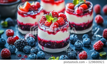 Delicious Panna Cotta with Berry Coulis and Fresh Berries in a Beautiful Glass Presentation 129600921