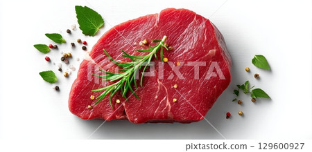 Delicious raw beef loin garnished with rosemary, colorful peppers, salt crystals, mint, and basil 129600927