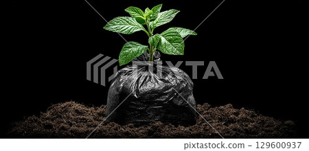 Vibrant Green Plant Emerges from Mysterious Black Bag in Soil Against Dark Studio Background 129600937