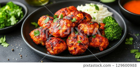 Succulent orange glazed chicken pieces served with fluffy steamed rice and fresh broccoli on plate 129600988