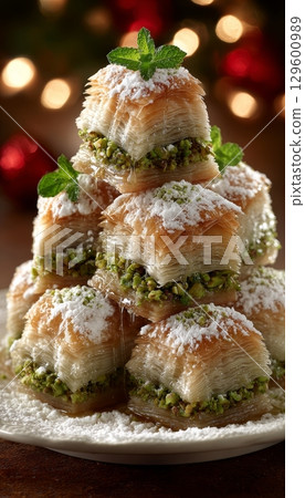Delicious stacked Greek baklava pieces sprinkled with icing sugar, a gourmet Middle Eastern dessert. Delicious stacked Greek baklava pieces sprinkled with icing sugar, a gourmet Middle Eastern dessert. 129600989