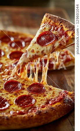 Delicious Pepperoni Pizza Slices with Crispy Crust and Melting Cheese, Perfect for Any Gathering 129601044