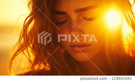 Serene Woman Bathed in Golden Sunset Light with Ocean Backdrop, Capturing Peaceful Warmth and Beauty Serene Woman Bathed in Golden Sunset Light with Ocean Backdrop, Capturing Peaceful Warmth and Beauty 129601083