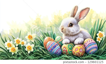 Charming Easter Hare Enjoys a Peaceful Meadow Surrounded by Colorful Eggs and Blooming Daffodils Charming Easter Hare Enjoys a Peaceful Meadow Surrounded by Colorful Eggs and Blooming Daffodils 129601125