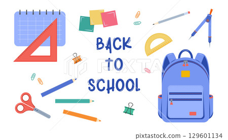 School supplies like backpack, scissors, pencils, rulers in flat graphic style. School supplies like backpack, scissors, pencils, rulers in flat graphic style. 129601134
