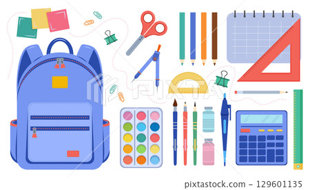 School backpack with various stationery items including pencils, paints, brushes, and calculator in flat style School backpack with various stationery items including pencils, paints, brushes, and calculator in flat style 129601135