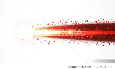 Vibrant illuminated red flow design with light flares and radiant squares on a white stage backdrop. 129601202
