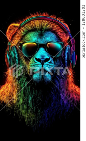 Vibrant Lion Head Wearing Headphones and Sunglasses, Perfect for Music and Party Themes 129601203
