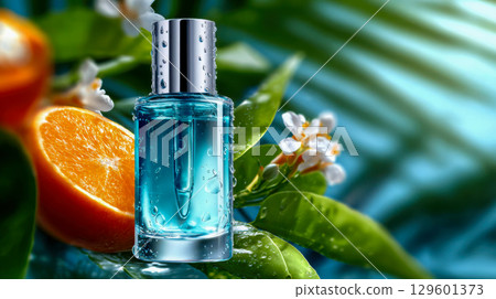 Perfume bottle with citrus and floral accents surrounded by orange slices and blossoms 129601373