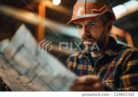 A focused construction worker examines blueprints in a dimly lit industrial setting, showcasing attention to detail. A focused construction worker examines blueprints in a dimly lit industrial setting, showcasing attention to detail. 129601582