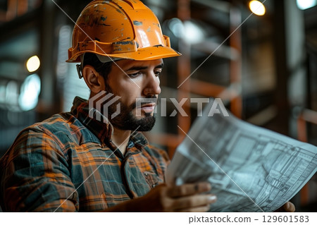 A focused construction worker examines blueprints on a job site, wearing safety gear and surrounded by scaffolding. A focused construction worker examines blueprints on a job site, wearing safety gear and surrounded by scaffolding. 129601583