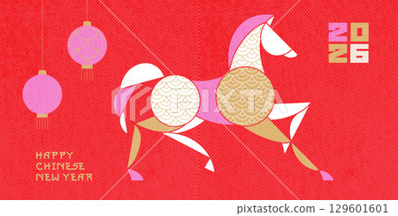 Trendy Chinese New Year 2026 abstract geometric greeting card with ornate horse, lanterns simple shapes in bright palette. Vector background for banner, cover. 129601601