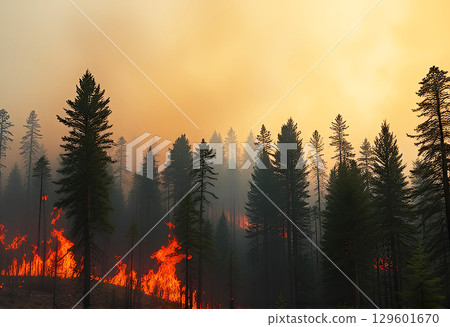 Dramatic Forest Fire Scene with Flames and Smoke In the Trees Against a Fiery Sky, Highlighting the Impact of Wildfires on Nature and Environment 129601670