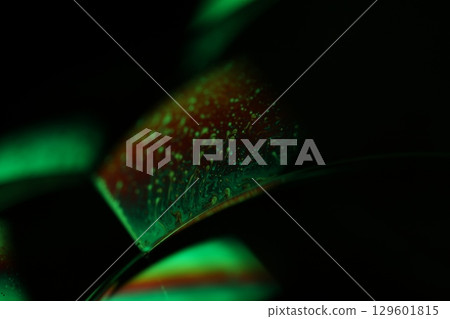 Green liquid film, fantastic bubbles connections, fluid movement, dark fantastic background, transparent oil, green ink 129601815