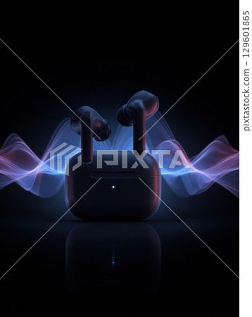 Wireless earbuds glow with vibrant audio waves in a minimalistic dark environment, creating an engaging visual representation of sound. Wireless earbuds glow with vibrant audio waves in a minimalistic dark environment, creating an engaging visual representation of sound. 129601865